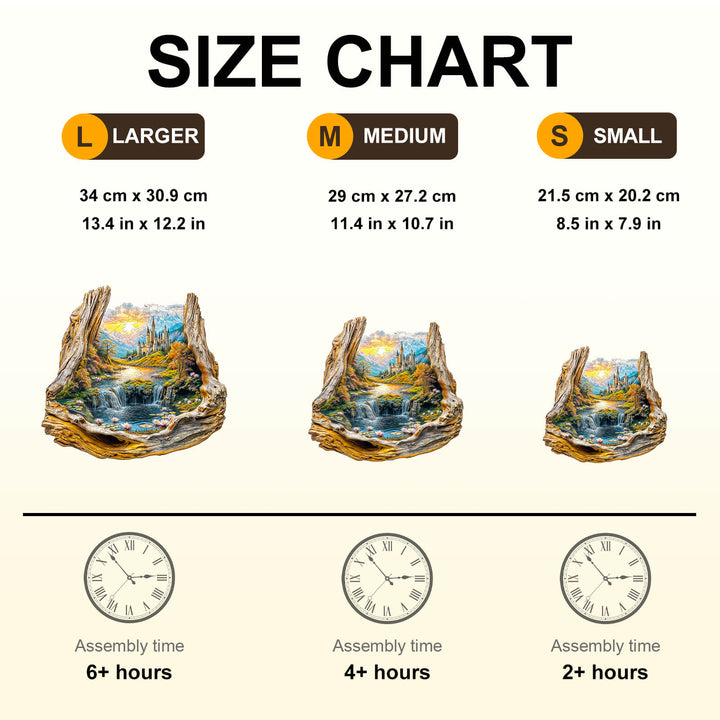 Size chart for Enchanted Frame-2 Wooden Jigsaw Puzzle showing dimensions and assembly time for different sizes.