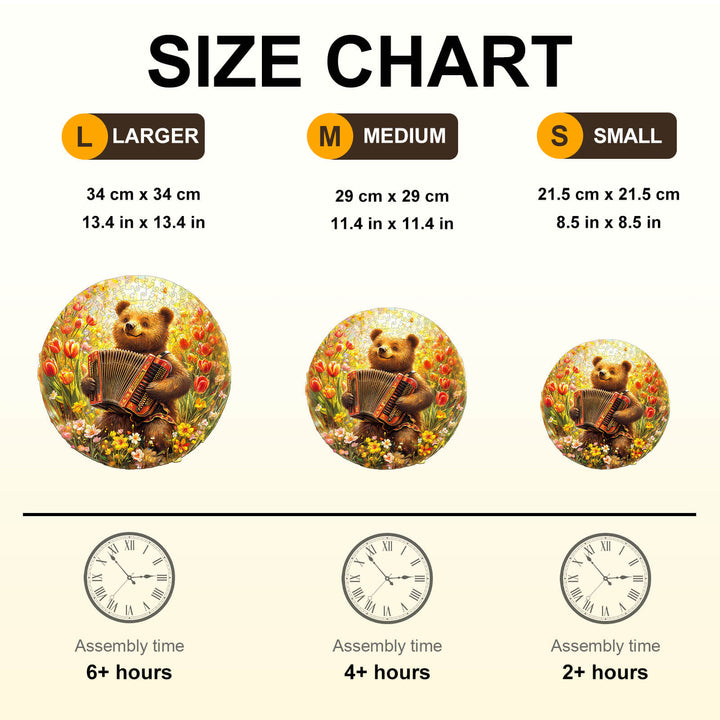 Size chart for Melody Meadow puzzle featuring dimensions and assembly times for large, medium, and small options.