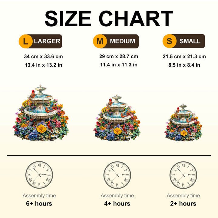 Size chart for Garden Melody Wooden Jigsaw Puzzle showing dimensions and assembly time for large, medium, and small options.