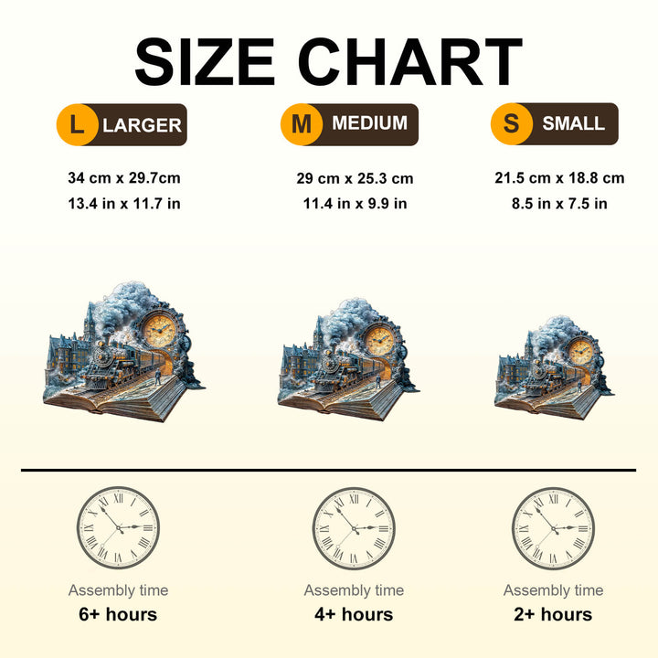 Size chart for Chrono Train Wooden Jigsaw Puzzle showing dimensions and assembly times for Large, Medium, and Small sizes.