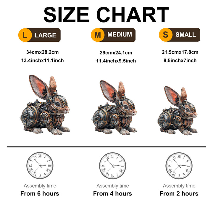 Size chart for Mechanical Rabbit Wooden Jigsaw Puzzle showing large, medium, and small options with assembly times.