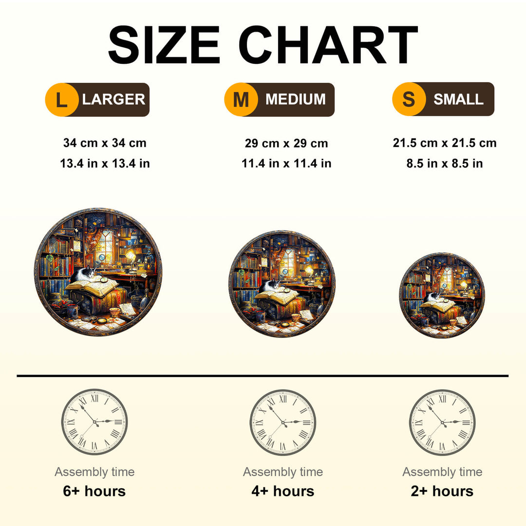 Size chart for Whiskers Library-1 Wooden Jigsaw Puzzle showing dimensions and assembly time for large, medium, and small sizes.