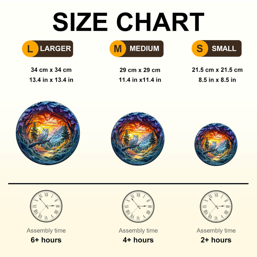 Size chart for Serene Watcher Wooden Jigsaw Puzzle showing dimensions and assembly times for large, medium, and small sizes.
