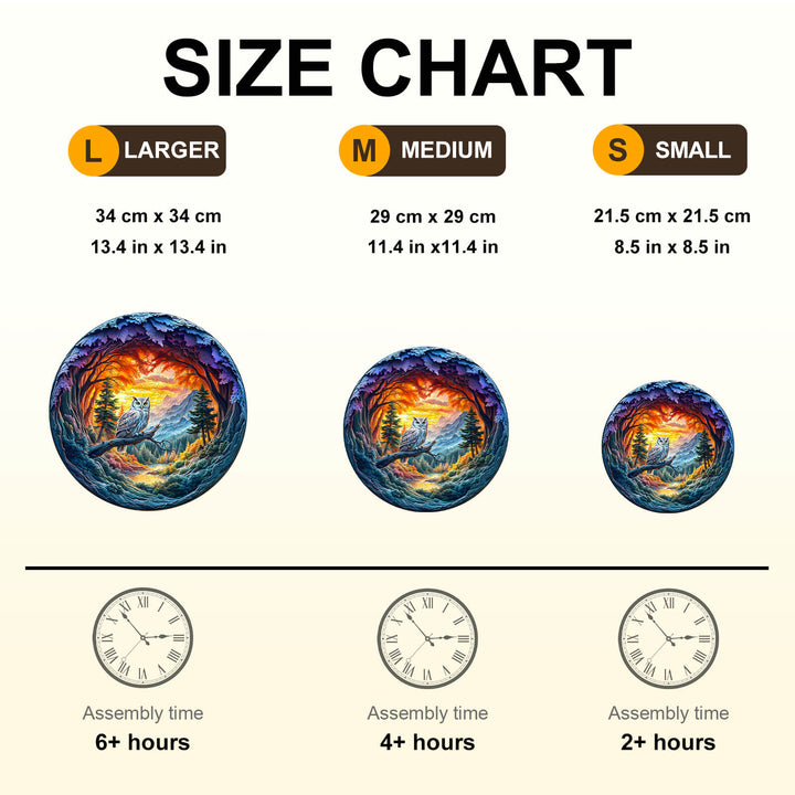 Size chart for Serene Watcher Wooden Jigsaw Puzzle showing dimensions and assembly times for large, medium, and small sizes.