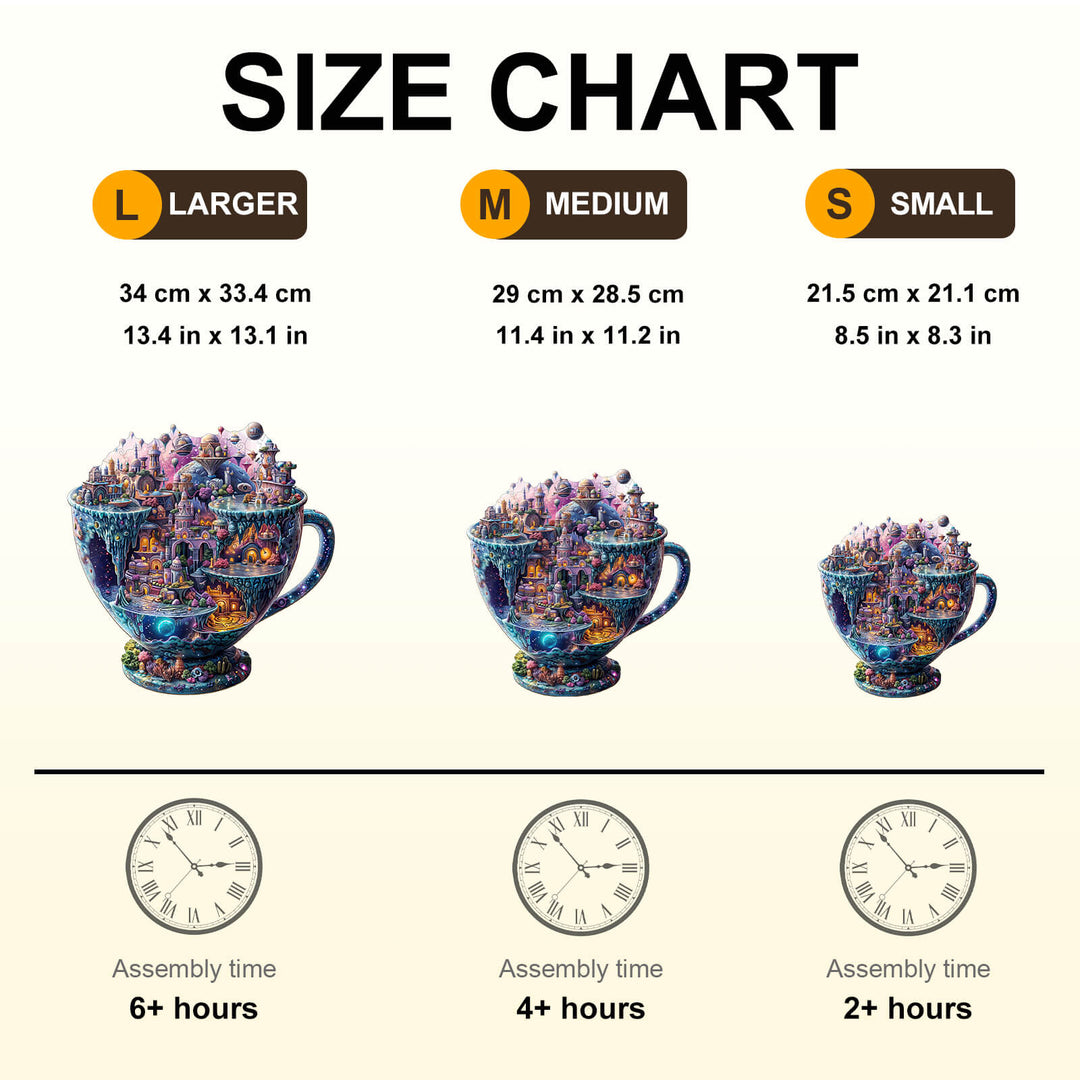 Size chart for Interstellar City Wooden Jigsaw Puzzle showing dimensions and assembly times for large, medium, and small sizes.