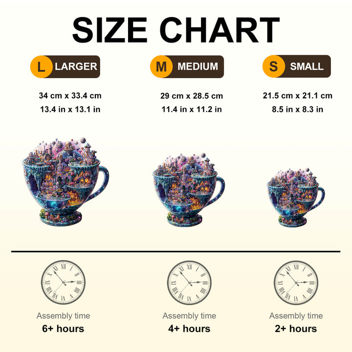 Size chart for Interstellar City Wooden Jigsaw Puzzle showing dimensions and assembly times for large, medium, and small sizes.