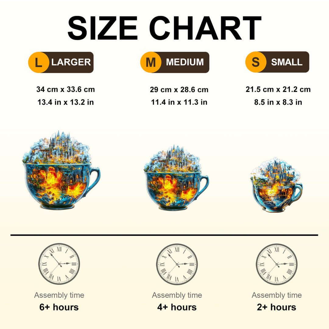 Size chart for Magic cup-2 Wooden Jigsaw Puzzle, showing large, medium, and small options with assembly times.
