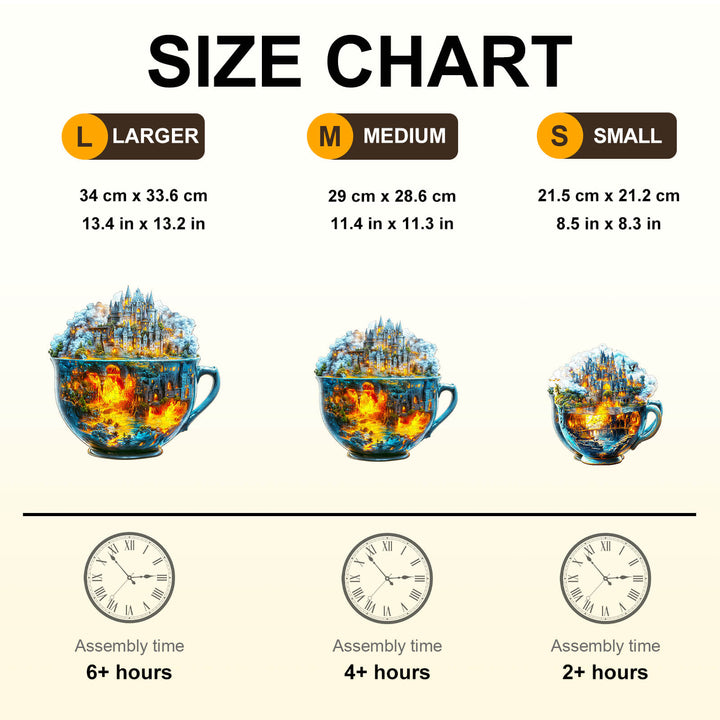 Size chart for Magic cup-2 Wooden Jigsaw Puzzle, showing large, medium, and small options with assembly times.
