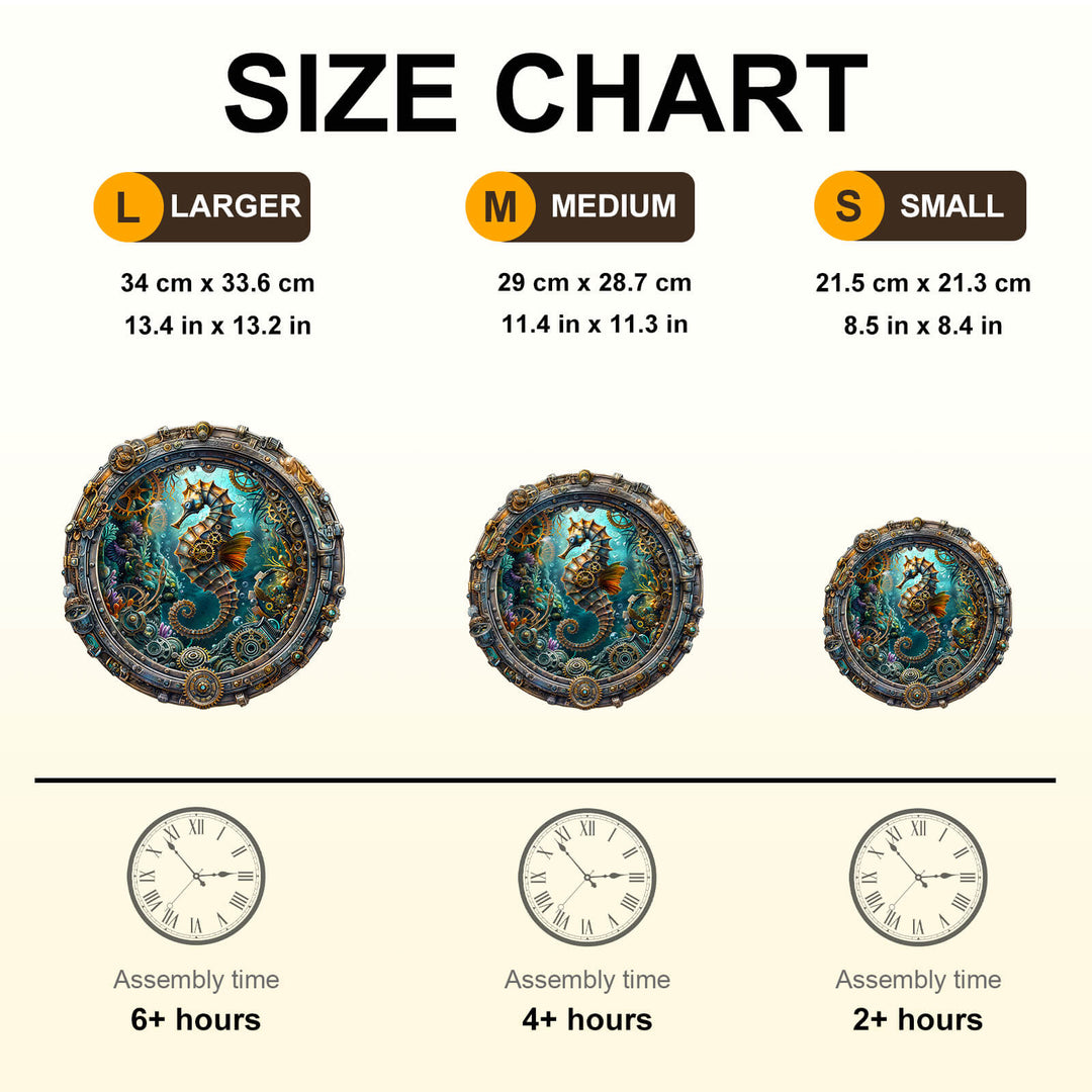 Size chart for Abyssal seahorse wooden puzzle displaying large, medium, and small options with assembly times.