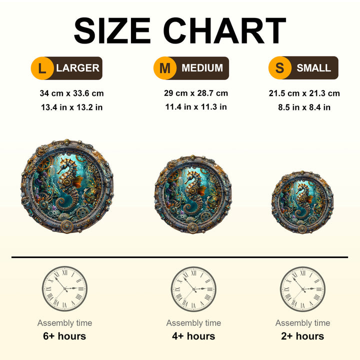 Size chart for Abyssal seahorse wooden puzzle displaying large, medium, and small options with assembly times.