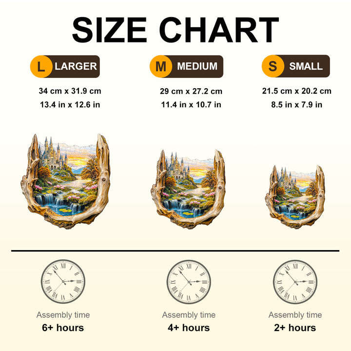 Size chart for Enchanted Frame-1 wooden jigsaw puzzle showing three sizes: Large, Medium, and Small with assembly time.