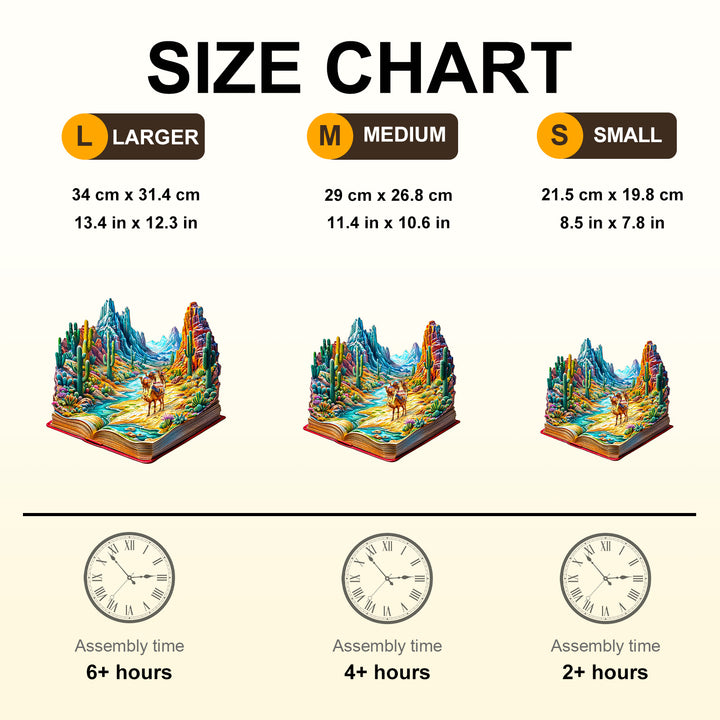 Size chart for Vibrant Wilderness Wooden Jigsaw Puzzle showing dimensions and assembly times for large, medium, and small sizes.