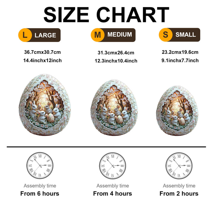 Size chart for 3D Eggshell world Easter-2 puzzle, showing dimensions and assembly times for large, medium, and small options.