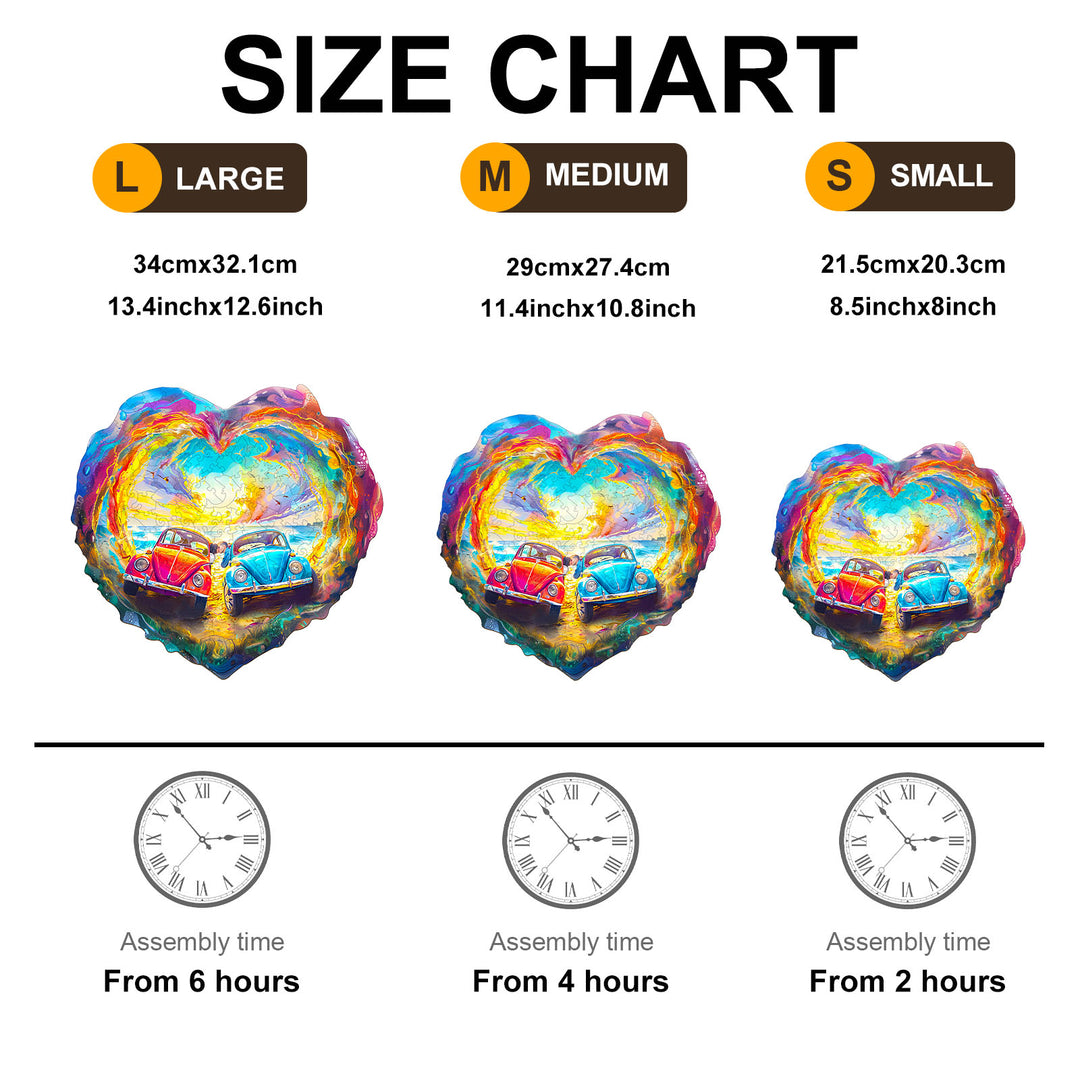 Size chart for Sweet Encounter Wooden Jigsaw Puzzle showing large, medium, and small sizes with assembly times.