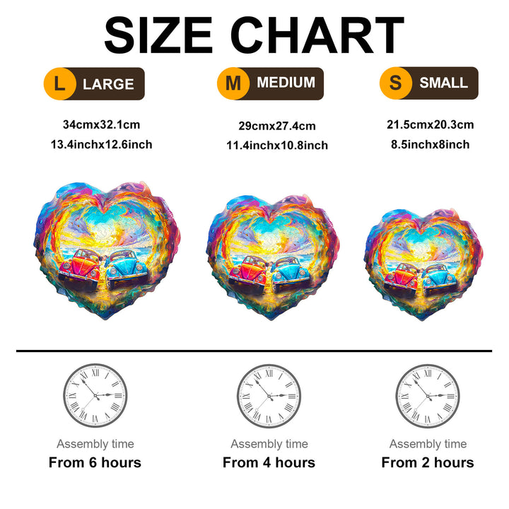 Size chart for Sweet Encounter Wooden Jigsaw Puzzle showing large, medium, and small sizes with assembly times.