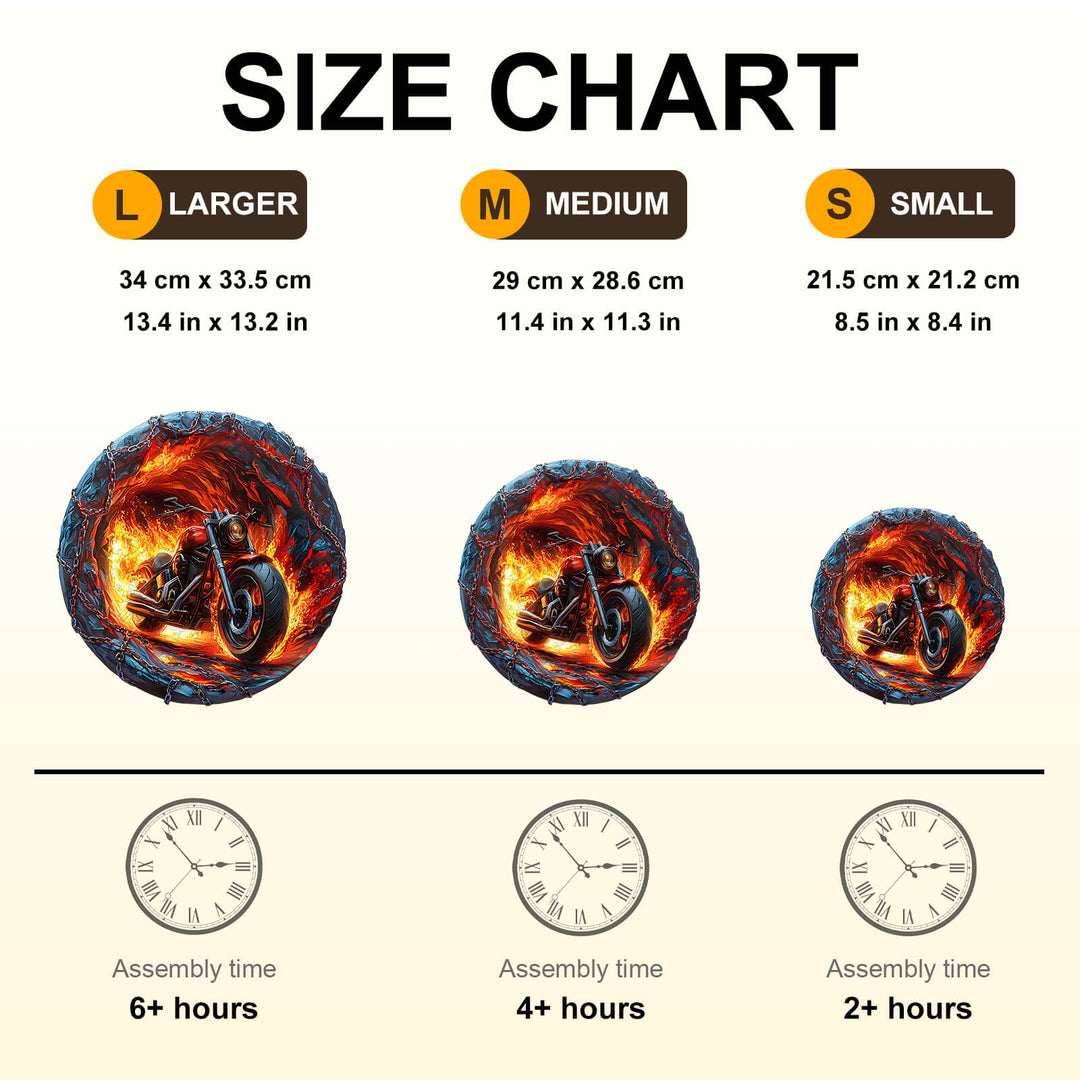 Size chart for Fiery Escape Wooden Jigsaw Puzzle, showing dimensions and assembly time for large, medium, and small options.