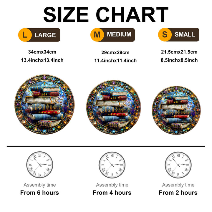 Size chart for Magic tome-2 Wooden Jigsaw Puzzle showing dimensions and assembly time for large, medium, and small options.