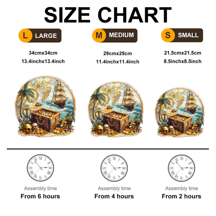 Size chart for the Golden Voyage Wooden Jigsaw Puzzle, showing dimensions and assembly times for large, medium, and small sizes.