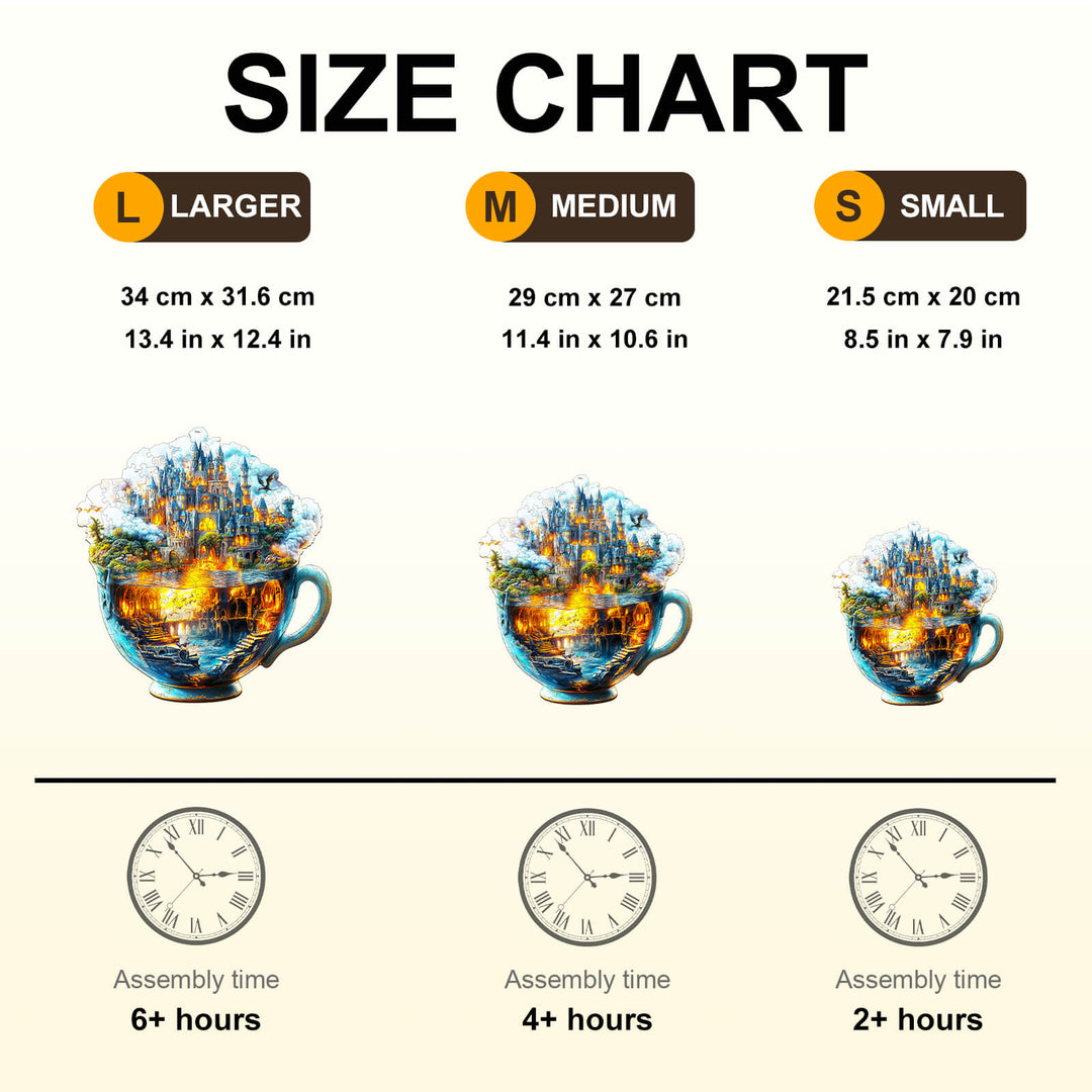 Size chart for Magic cup-1 Wooden Jigsaw Puzzle displaying large, medium, and small dimensions and assembly times.