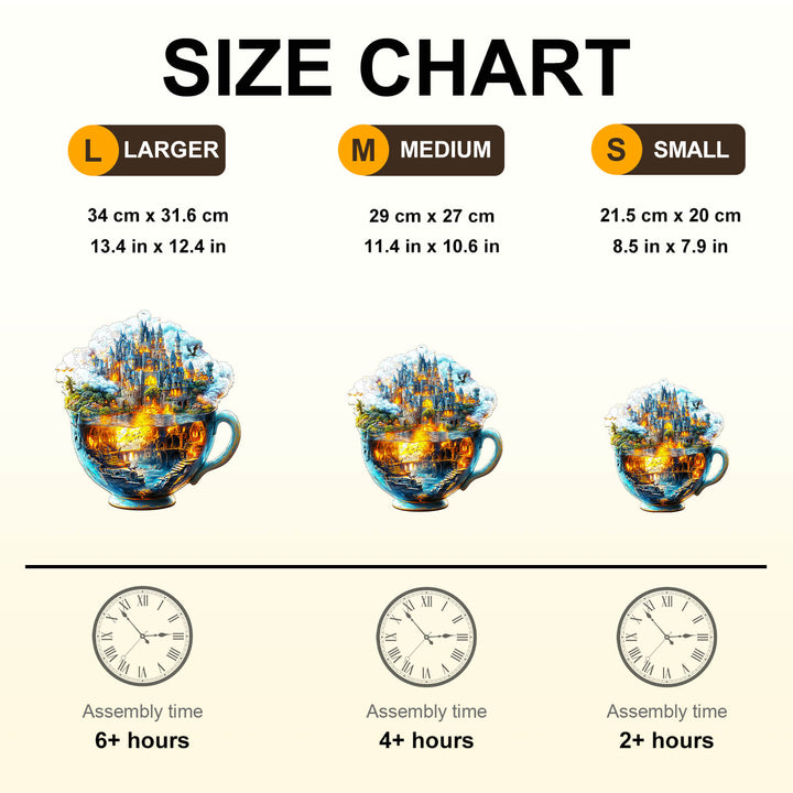 Size chart for Magic cup-1 Wooden Jigsaw Puzzle displaying large, medium, and small dimensions and assembly times.