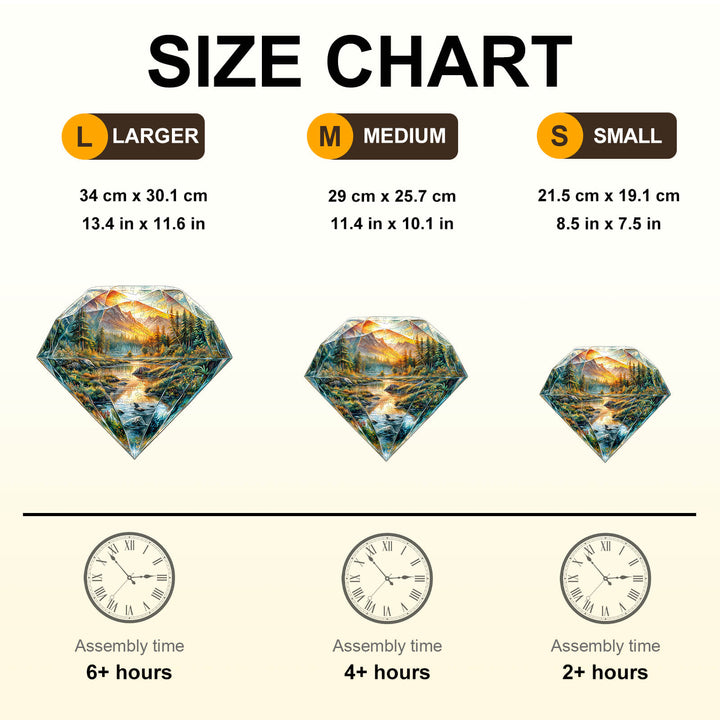 Size chart for Diamond Landscape Wooden Jigsaw Puzzle showing dimensions and assembly times for small, medium, and large sizes.