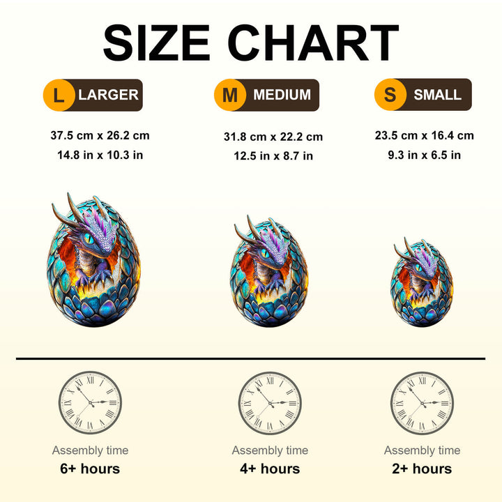 Size chart for Draconic Rebirth wooden jigsaw puzzle showing dimensions and assembly times for small, medium, and large sizes.