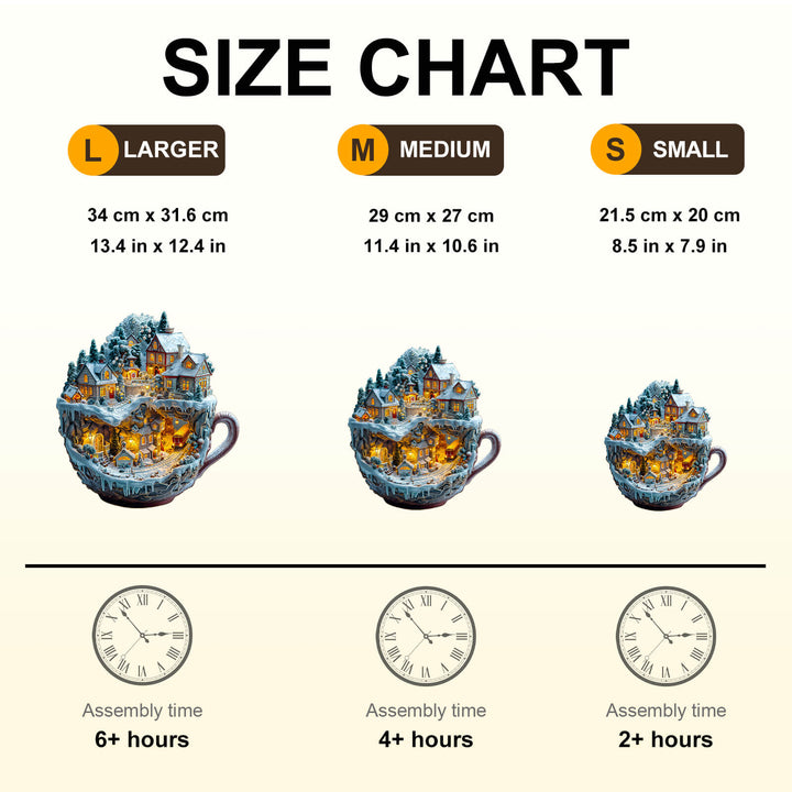 Size chart for Train and Village wooden jigsaw puzzle, showing dimensions and assembly times for large, medium, and small sizes.