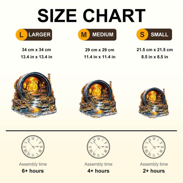 Size chart for Barrel of Autumn wooden jigsaw puzzle showing large, medium, and small options with assembly times.
