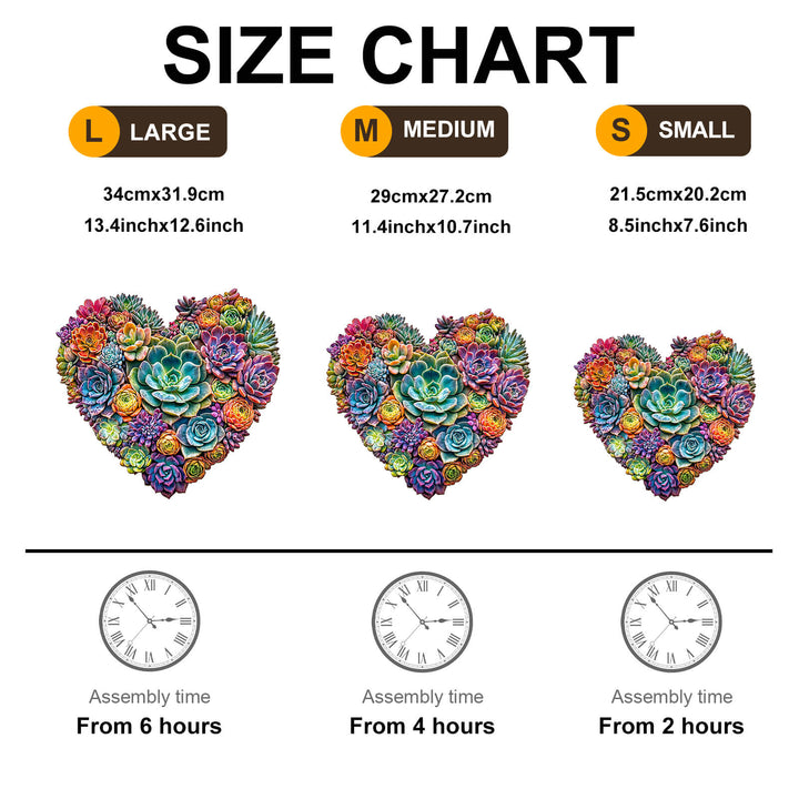 Size chart for Heartfelt Succulents Wooden Jigsaw Puzzle showing large, medium, and small puzzle dimensions.