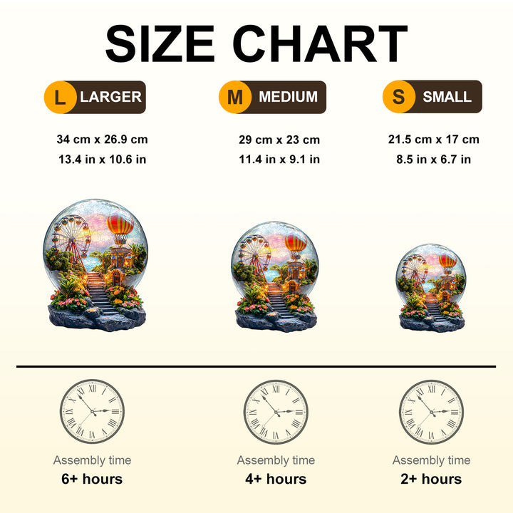 Size chart for 3D Crystal Wonderland jigsaw puzzle showing dimensions and assembly times for large, medium, and small sizes.