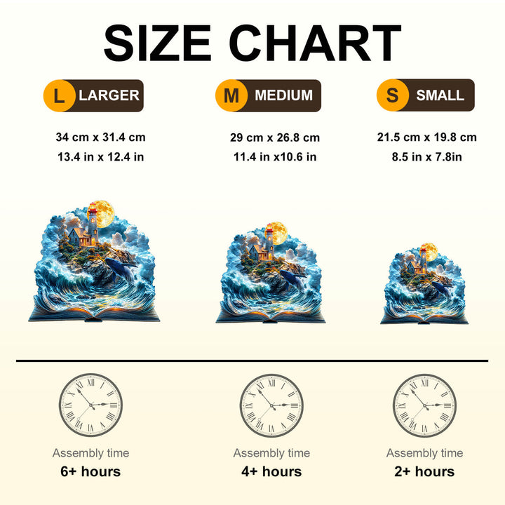 Size chart for Dream Sea Wonder wooden jigsaw puzzle showing dimensions and assembly times for L, M, and S sizes.