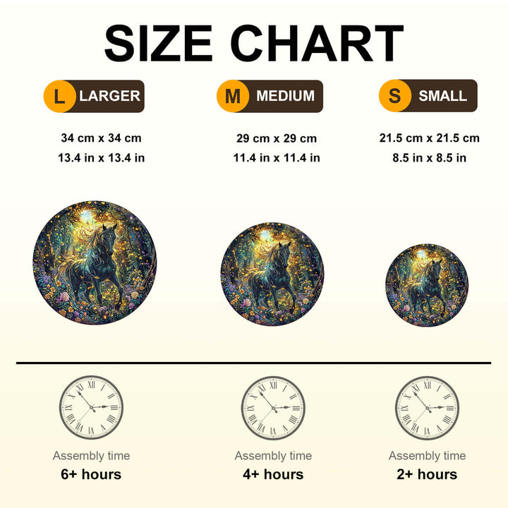 Size chart for Forest Horse Wooden Jigsaw Puzzle showing dimensions and assembly times for small, medium, and large options.