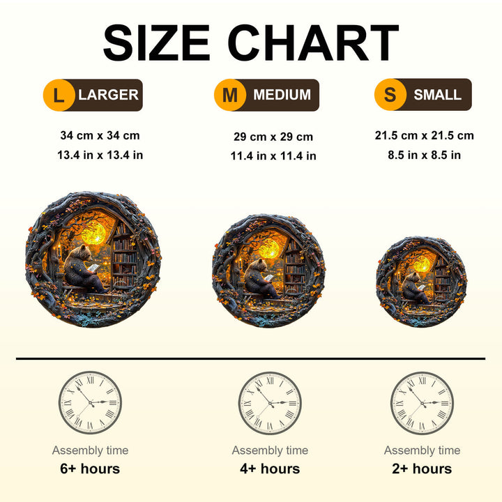 Size chart for Reading Bear wooden jigsaw puzzle showing large, medium, and small sizes with assembly times.