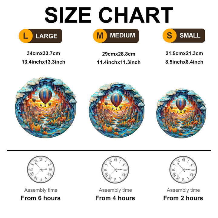 Size chart for 3D Balloon town Wooden Jigsaw Puzzle showing large, medium, and small dimensions and assembly times.