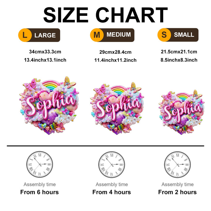 Size chart for Rainbow Cloud Custom Name Wooden Jigsaw Puzzle, showing dimensions and assembly times for small, medium, and large sizes.