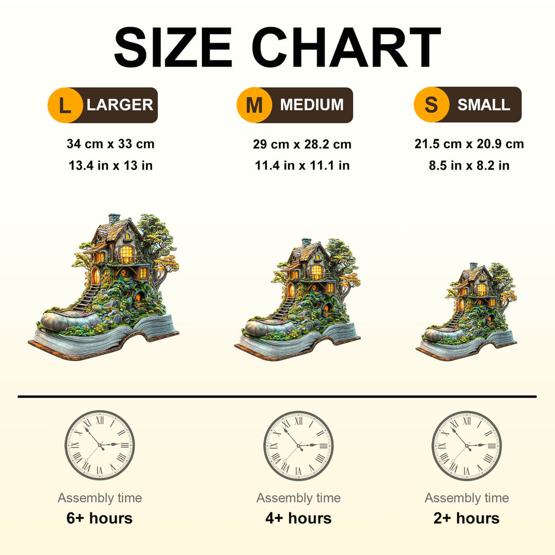Size chart for Treehouse Dream Wooden Jigsaw Puzzle, showing dimensions and assembly times for larger, medium, and small options.