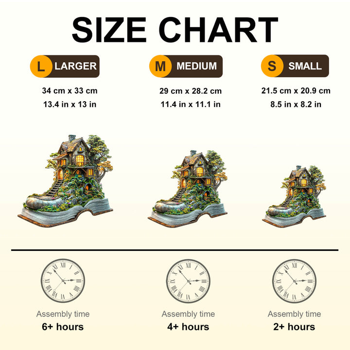 Size chart for Treehouse Dream Wooden Jigsaw Puzzle, showing dimensions and assembly times for larger, medium, and small options.