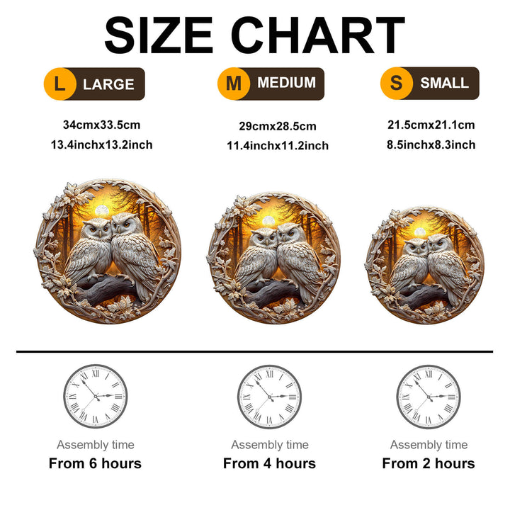 Size chart for 3D Owl-3 Wooden Jigsaw Puzzle with dimensions and assembly time