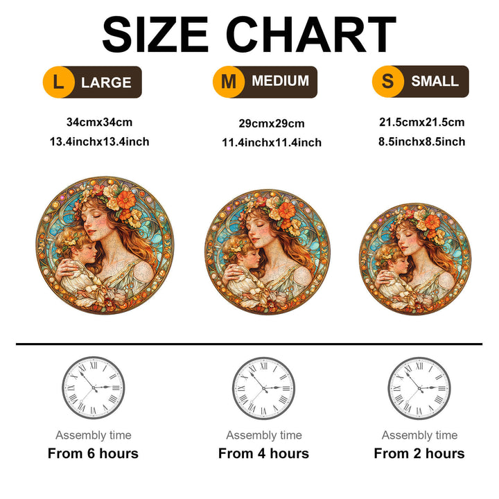 Size chart for Maternal Love Wooden Jigsaw Puzzle showing dimensions and assembly times for large, medium, and small sizes.