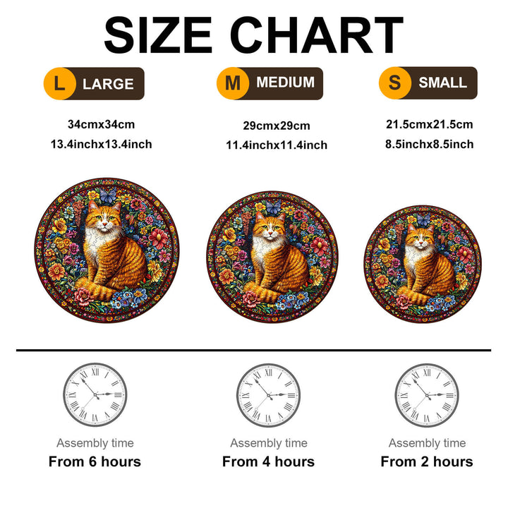 Size chart for Floral Feline wooden jigsaw puzzle showing three sizes and assembly times.
