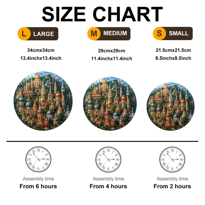 Size chart for SEEK AND FIND CATS puzzle showing dimensions and assembly times for large, medium, and small sizes.