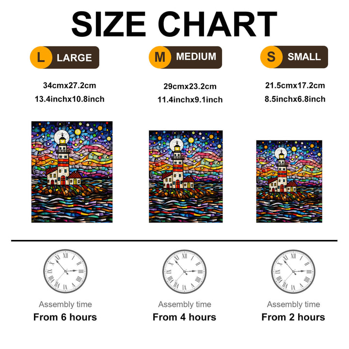Size chart for Glassy Lighthouse art by Pietro Gallo, showing dimensions for large, medium, and small options with assembly times.
