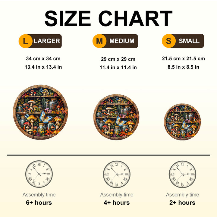 Size chart for Plant collection rack Wooden Jigsaw Puzzle showing dimensions and assembly times for large, medium, and small sizes.