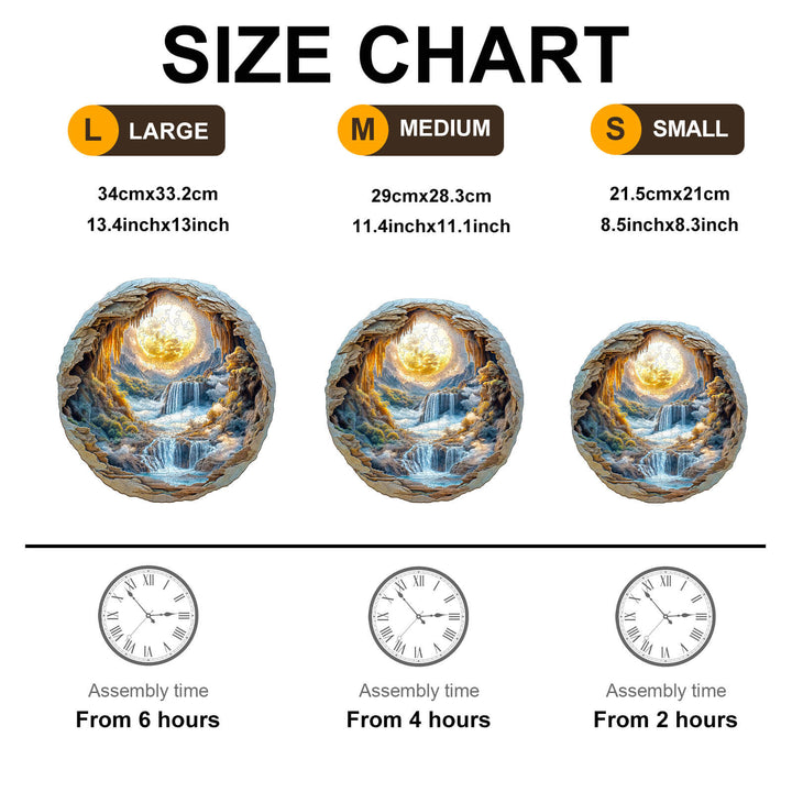 Size chart for 3D Moonlit Wonders Wooden Jigsaw Puzzle showing dimensions and assembly times for different sizes.