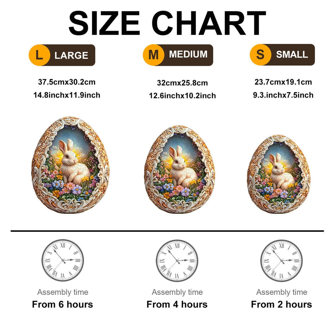 Size chart for Wonderland Easter-5 Wooden Jigsaw Puzzle, showing large, medium, and small sizes with assembly times.