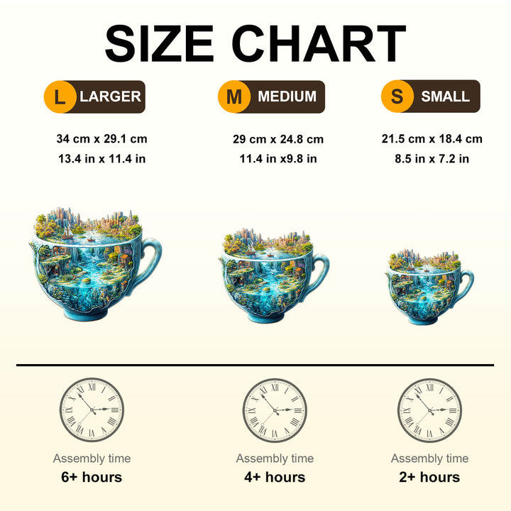 Size chart for Urban Forest Cup Wooden Jigsaw Puzzle showing dimensions and assembly times for large, medium, and small sizes.