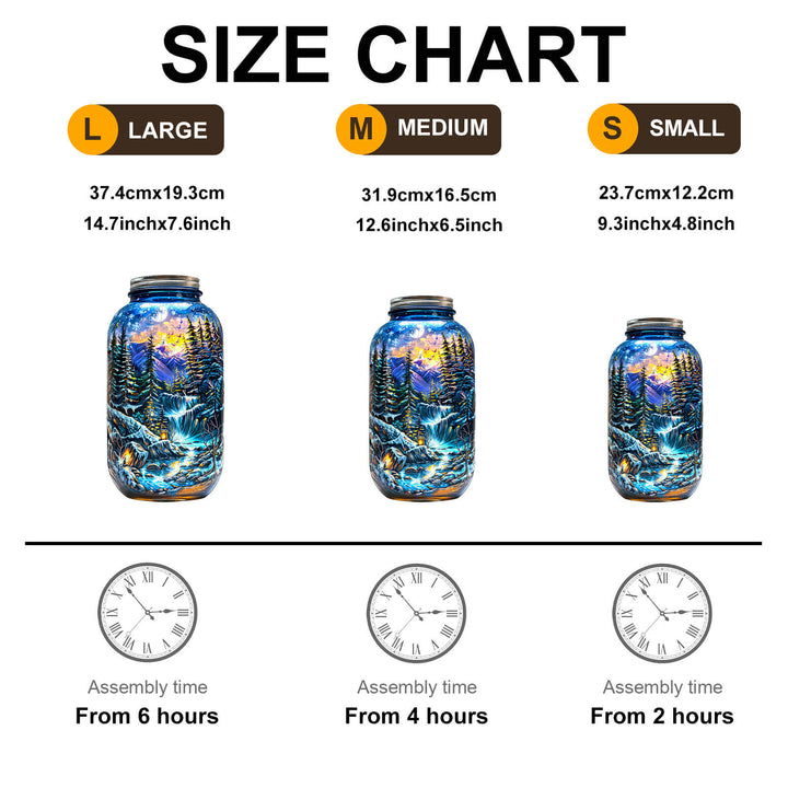 Size chart for Winter Dreamscape Wooden Jigsaw Puzzle showing large, medium, and small dimensions and assembly times.