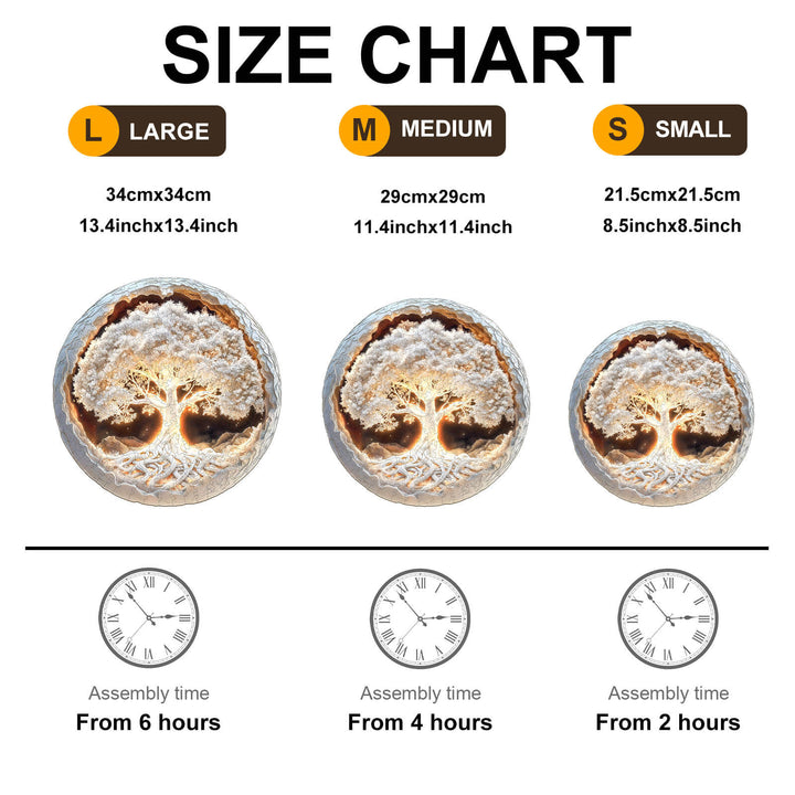Size chart for 3D Glowing Tree of Life puzzle showing large, medium, and small dimensions with assembly times.