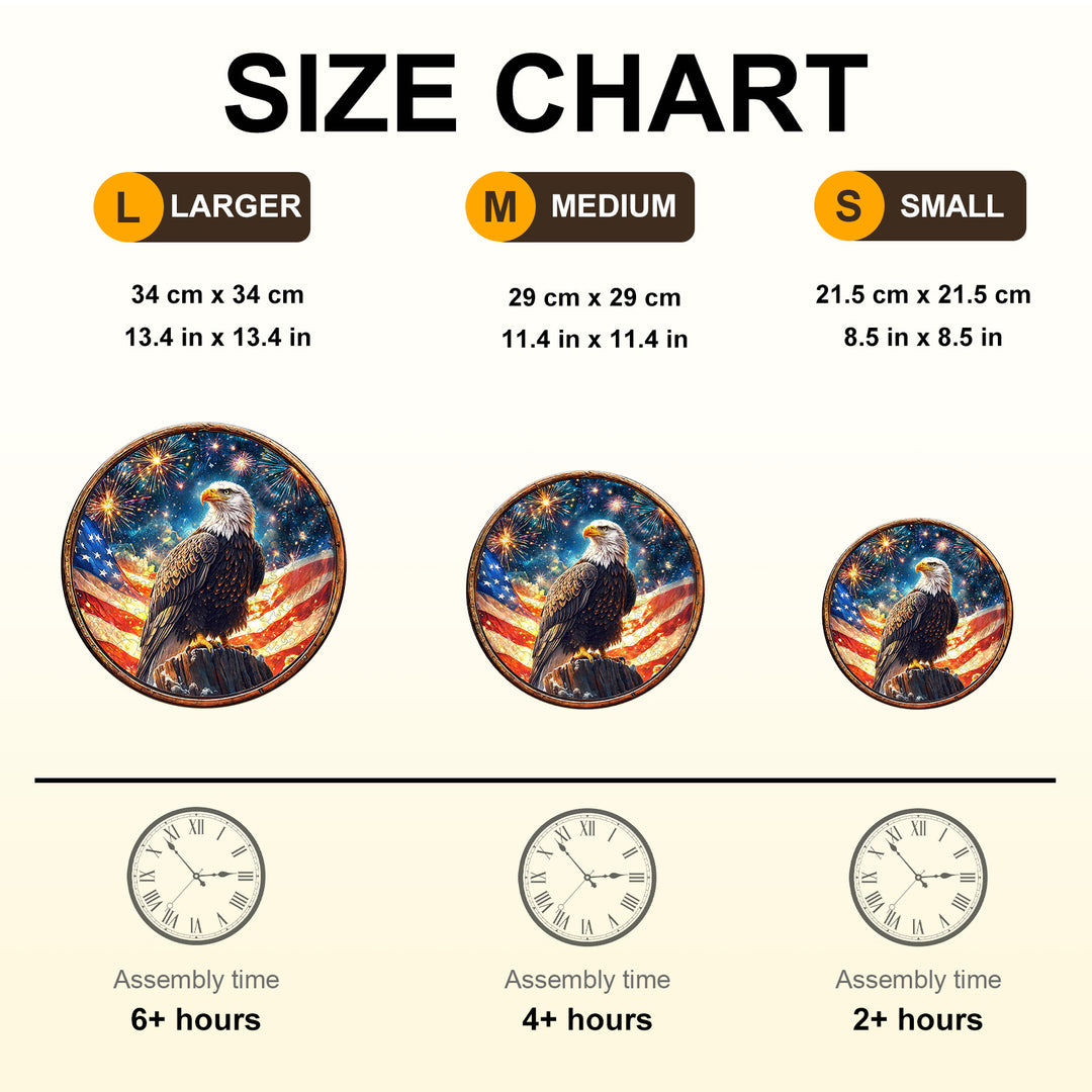 Size chart for Spirit of Liberty puzzle showing dimensions and assembly times for large, medium, and small sizes.