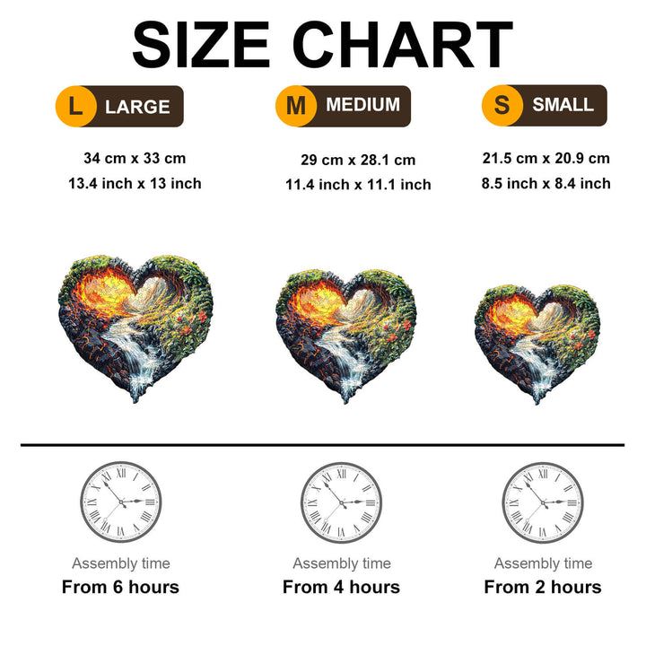 Size chart for ETERNAL FLOW wooden jigsaw puzzle showing dimensions and assembly times for large, medium, and small sizes.
